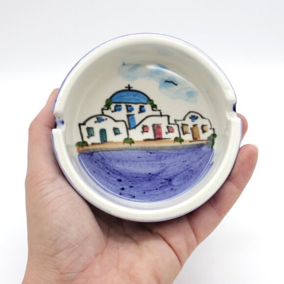 Vintage 4" Greece Landscape Hand Painted Ceramic Ashtray, Souvenir Dish - Picture 1 of 5